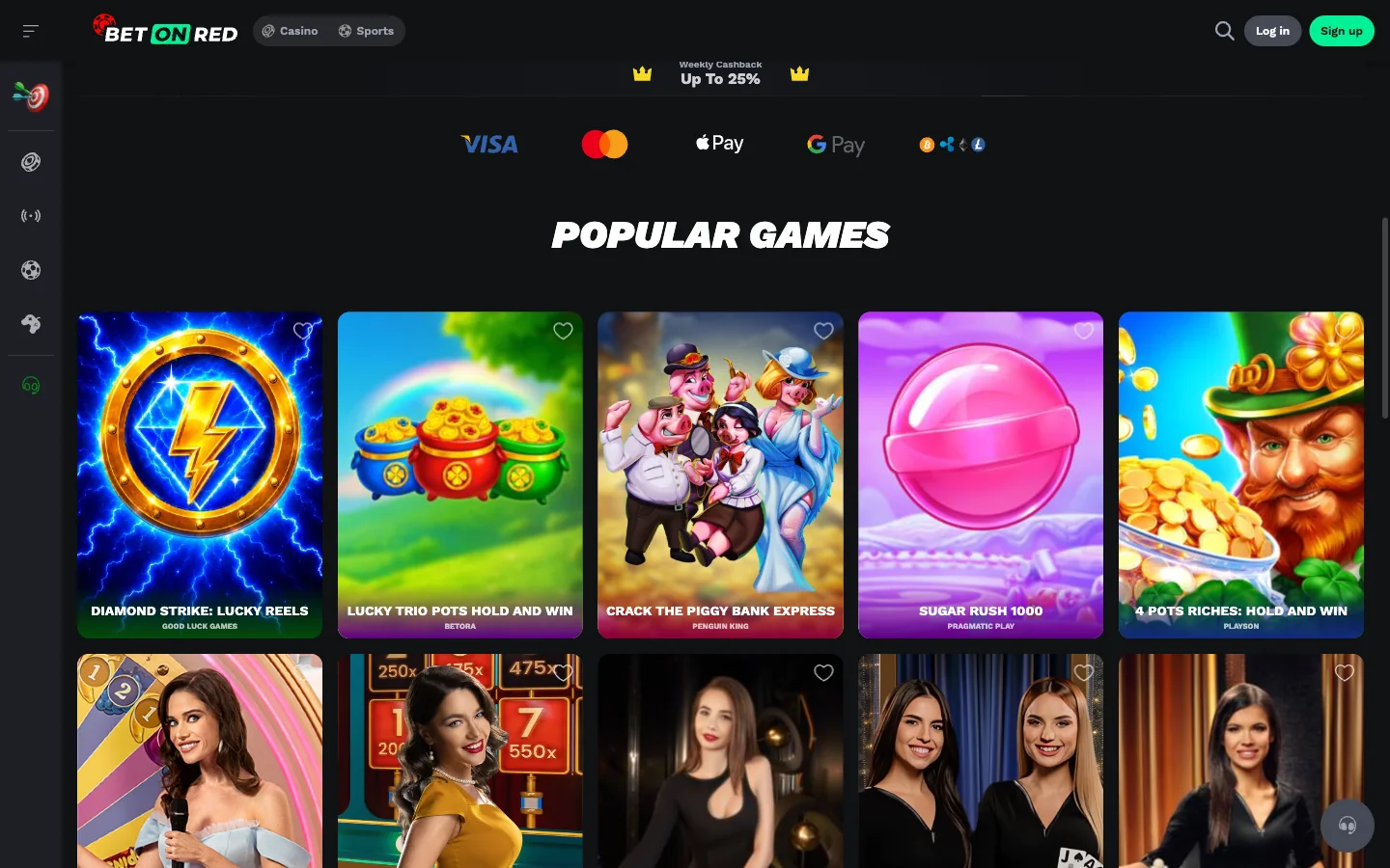 BetOnRed pokies lobby as it appears to Australian players, with game shelves and provider filters